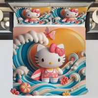 Hello Kitty bedding - Waves summer bedding set art cute 3D high quality linen fabric duvet cover & pillowcase - Lusy Store LLC