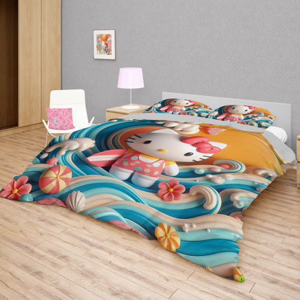 Hello Kitty bedding - Waves summer bedding set art cute 3D high quality linen fabric duvet cover & pillowcase - Lusy Store LLC