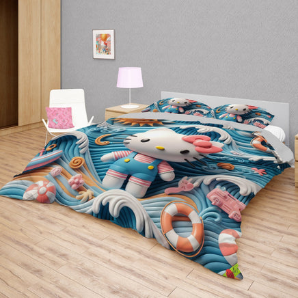 Hello Kitty bedding - Waves summer bedding set art cute 3D high quality linen fabric duvet cover & pillowcase - Lusy Store LLC