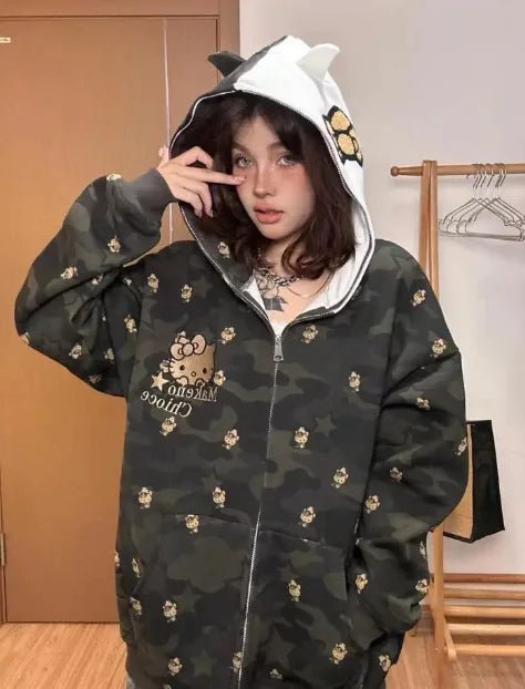 Hello Kitty Camo Zip Up Hoodie - Lusy Store LLC