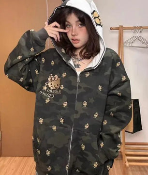 Hello Kitty Camo Zip Up Hoodie - Lusy Store LLC