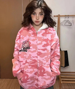 Hello Kitty Camo Zip Up Hoodie - Lusy Store LLC