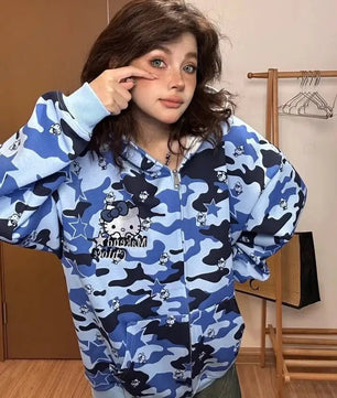 Hello Kitty Camo Zip Up Hoodie - Lusy Store LLC