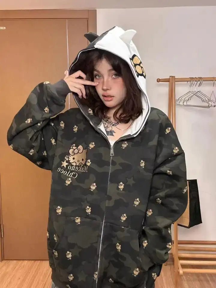 Hello Kitty Camo Zip Up Hoodie - Lusy Store LLC