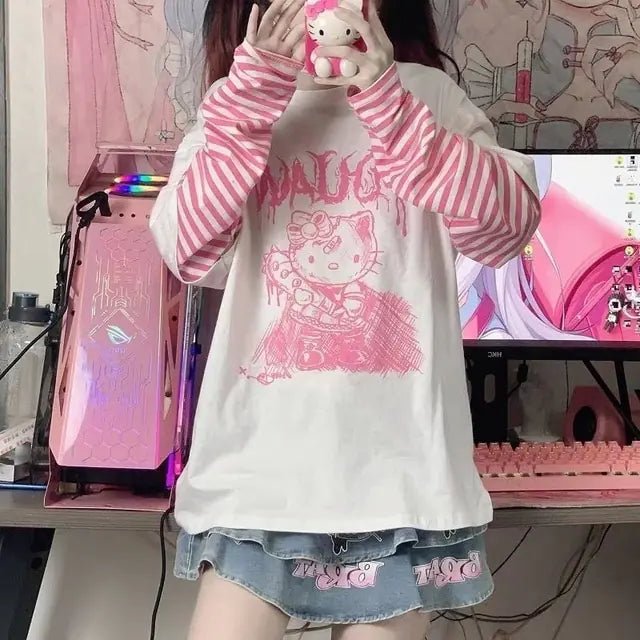 Hello Kitty Patchwork Stripe Long Sleeves Top Y2k Girls Aesthetic Tops - Lusy Store LLC