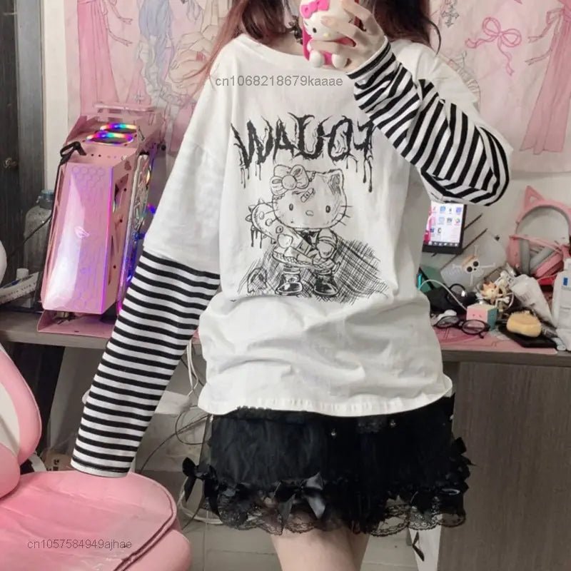 Hello Kitty Patchwork Stripe Long Sleeves Top Y2k Girls Aesthetic Tops - Lusy Store LLC