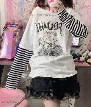 Hello Kitty Patchwork Stripe Long Sleeves Top Y2k Girls Aesthetic Tops - Lusy Store LLC