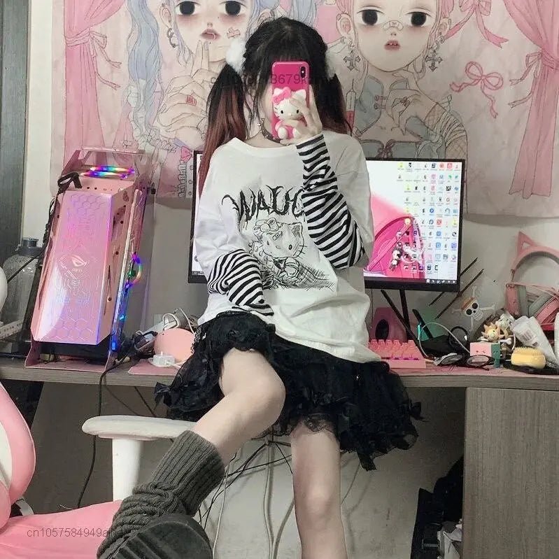 Hello Kitty Patchwork Stripe Long Sleeves Top Y2k Girls Aesthetic Tops - Lusy Store LLC