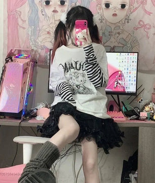 Hello Kitty Patchwork Stripe Long Sleeves Top Y2k Girls Aesthetic Tops - Lusy Store LLC