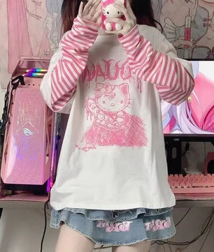 Hello Kitty Patchwork Stripe Long Sleeves Top Y2k Girls Aesthetic Tops - Lusy Store LLC