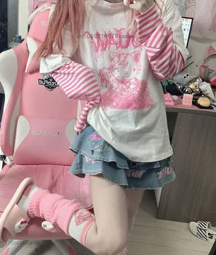 Hello Kitty Patchwork Stripe Long Sleeves Top Y2k Girls Aesthetic Tops - Lusy Store LLC
