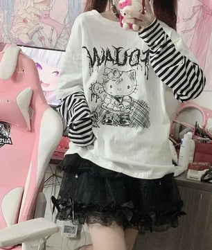 Hello Kitty Patchwork Stripe Long Sleeves Top Y2k Girls Aesthetic Tops - Lusy Store LLC