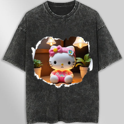 Hello kitty tee shirt - 3D cute funny graphic tees - Unisex wide sleeve style Dark Gray
