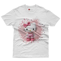 Hello kitty tee shirt - 3D pink cute funny graphic tees - Unisex novelty cotton t shirt White