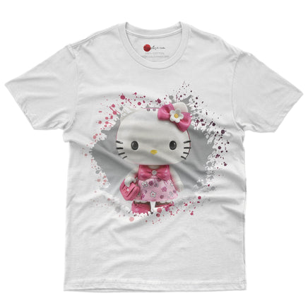 Hello kitty tee shirt - 3D pink cute funny graphic tees - Unisex novelty cotton t shirt White