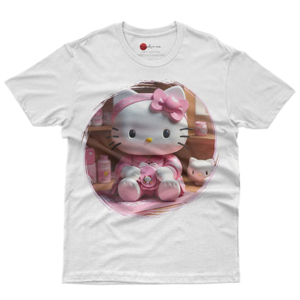 Hello kitty tee shirt - 3D pink cute funny graphic tees - Unisex novelty cotton t shirt White