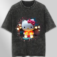 Hello kitty tee shirt - 3D pink cute funny graphic tees - Unisex wide sleeve style Dark Gray