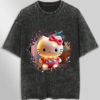 Hello kitty tee shirt - 3D pink cute funny graphic tees - Unisex wide sleeve style Dark Gray