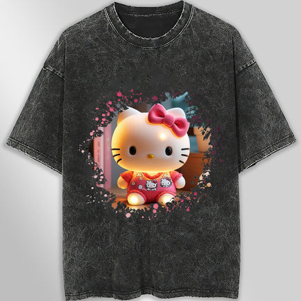 Hello kitty tee shirt - 3D pink cute funny graphic tees - Unisex wide sleeve style Dark Gray
