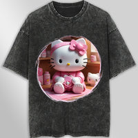 Hello kitty tee shirt - 3D pink cute funny graphic tees - Unisex wide sleeve style Dark Gray