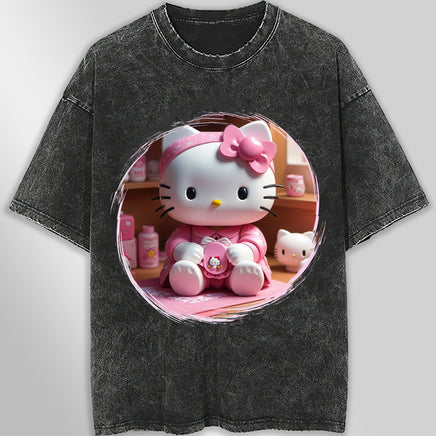 Hello kitty tee shirt - 3D pink cute funny graphic tees - Unisex wide sleeve style Dark Gray