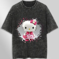 Hello kitty tee shirt - 3D pink cute funny graphic tees - Unisex wide sleeve style Dark Gray