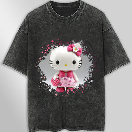 Hello kitty tee shirt - 3D pink cute funny graphic tees - Unisex wide sleeve style Dark Gray