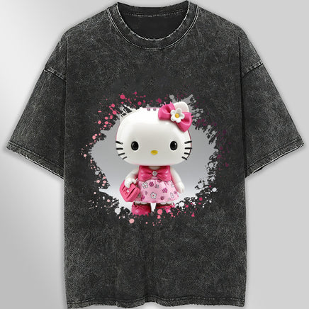 Hello kitty tee shirt - 3D pink cute funny graphic tees - Unisex wide sleeve style Dark Gray
