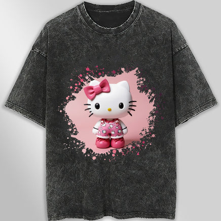 Hello kitty tee shirt - 3D pink cute funny graphic tees - Unisex wide sleeve style Dark Gray