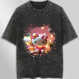 Hello kitty tee shirt - 3D pink cute funny graphic tees - Unisex wide sleeve style Dark Gray