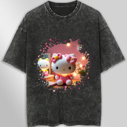 Hello kitty tee shirt - 3D pink cute funny graphic tees - Unisex wide sleeve style Dark Gray