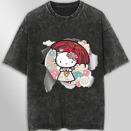 Hello kitty tee shirt - Anime cute funny graphic tees - Unisex wide sleeve style Dark Gray