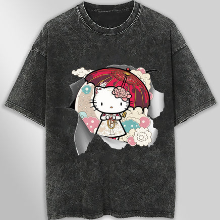 Hello kitty tee shirt - Anime cute funny graphic tees - Unisex wide sleeve style Dark Gray