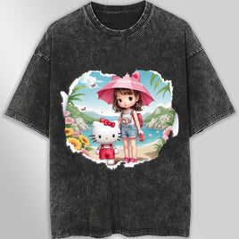 Hello kitty tee shirt - Anime girl cute funny graphic tees - Unisex wide sleeve style Dark Gray