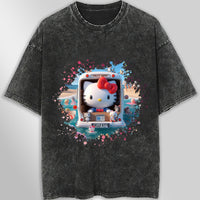Hello kitty tee shirt - Beach Hello Kitty cute graphic tees - Unisex wide sleeve style Dark Gray
