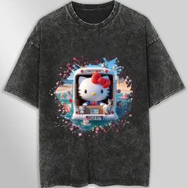 Hello kitty tee shirt - Beach Hello Kitty cute graphic tees - Unisex wide sleeve style Dark Gray