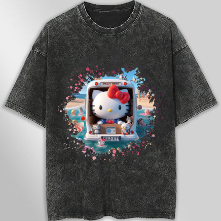 Hello kitty tee shirt - Beach Hello Kitty cute graphic tees - Unisex wide sleeve style Dark Gray