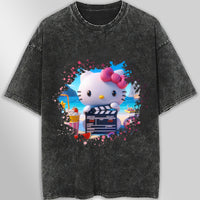 Hello kitty tee shirt - Beach Hello Kitty cute graphic tees - Unisex wide sleeve style Dark Gray