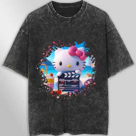 Hello kitty tee shirt - Beach Hello Kitty cute graphic tees - Unisex wide sleeve style Dark Gray