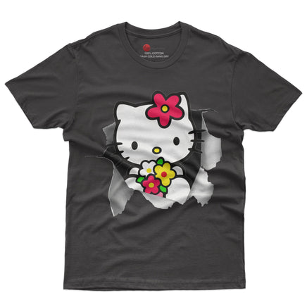 Hello kitty tee shirt - Floral hello kitty Cute funny graphic tees - Unisex novelty cotton t shirt Black