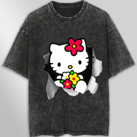 Hello kitty tee shirt - Floral hello kitty cute funny graphic tees - Unisex wide sleeve style Dark Gray