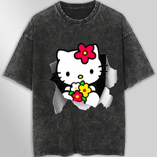 Hello kitty tee shirt - Floral hello kitty cute funny graphic tees - Unisex wide sleeve style - Lusy Store LLC