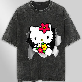 Hello kitty tee shirt - Floral hello kitty cute funny graphic tees - Unisex wide sleeve style Dark Gray