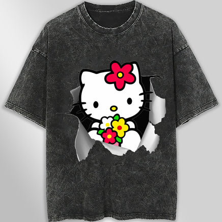 Hello kitty tee shirt - Floral hello kitty cute funny graphic tees - Unisex wide sleeve style Dark Gray
