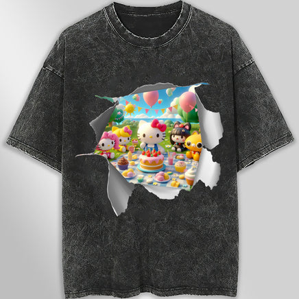 Hello kitty tee shirt - Happy birthday funny graphic tees - Unisex wide sleeve style Dark Gray