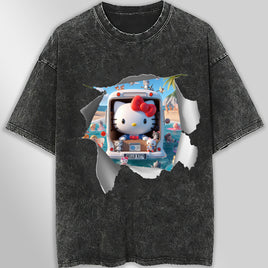 Hello kitty tee shirt - Hello kitty beach funny graphic tees - Unisex wide sleeve style Dark Gray