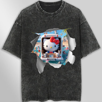Hello kitty tee shirt - Hello kitty beach funny graphic tees - Unisex wide sleeve style Dark Gray