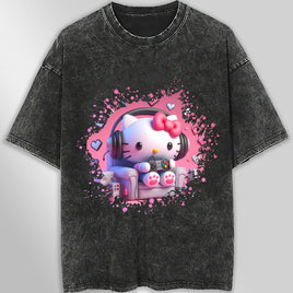 Hello kitty tee shirt - Hello kitty gamer cute funny graphic tees - Unisex wide sleeve style Dark Gray