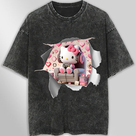Hello kitty tee shirt - Hello kitty gamer cute funny graphic tees - Unisex wide sleeve style Dark Gray