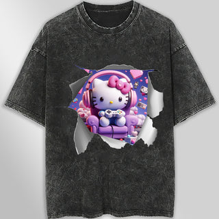 Hello kitty tee shirt - Hello kitty gamer cute funny graphic tees - Unisex wide sleeve style - Lusy Store LLC